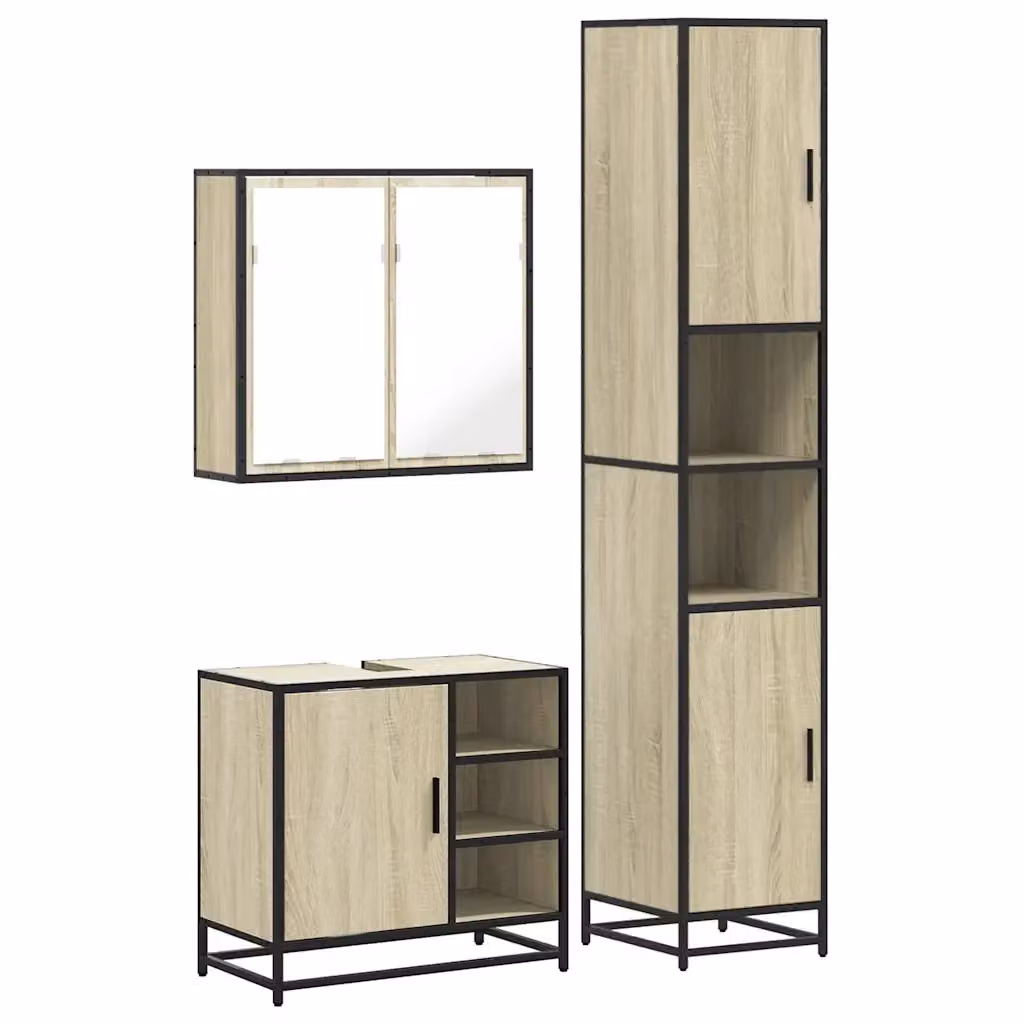Set Mobili da Bagno 3 Pezzi vidaXL in Stile Industrial con Mobile Lavabo, Armadietto a Specchio e Pensile in Legno e Metallo, Colore Marrone e Beige – 2