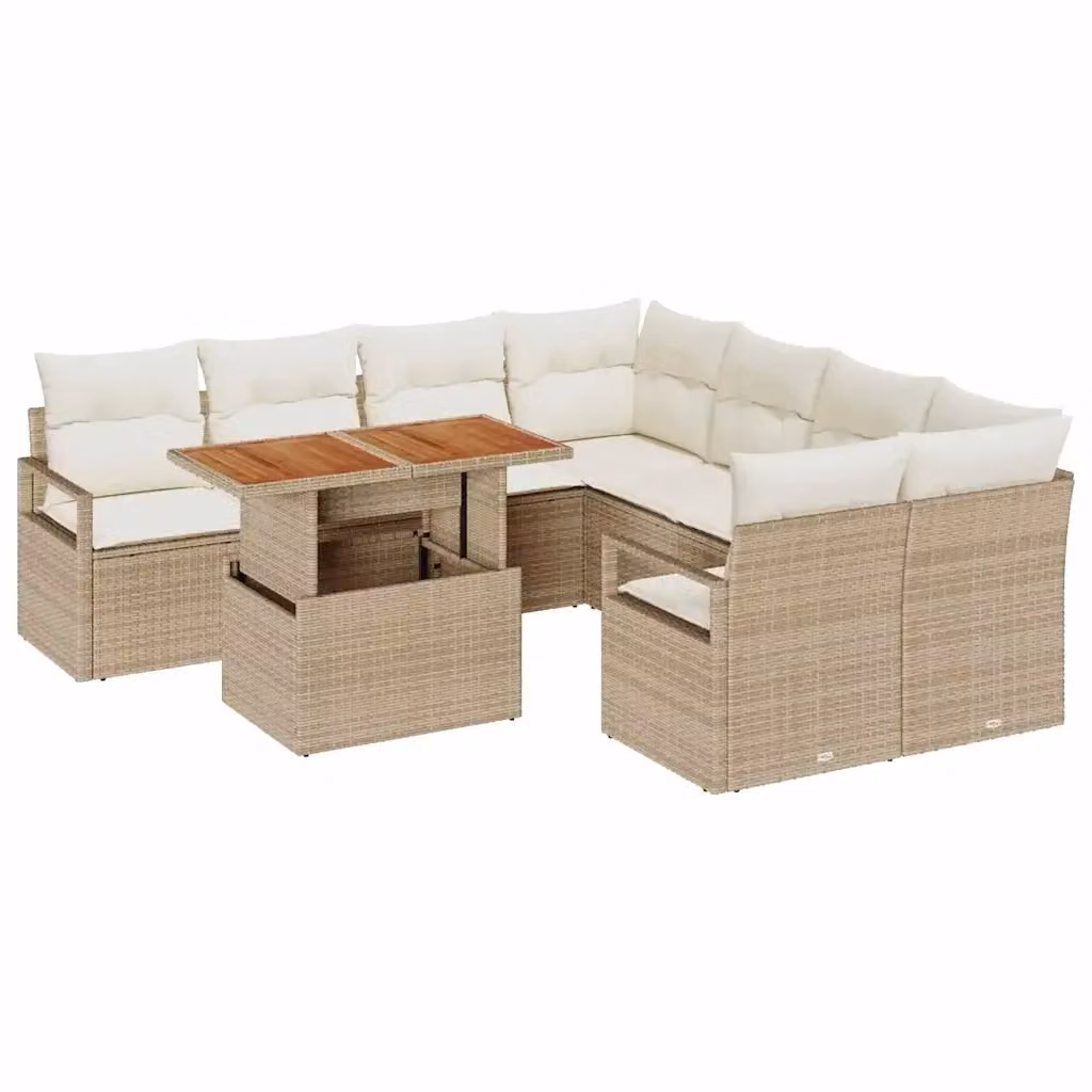 Set Divano da Giardino a L con Tavolino vidaXL, 9 Pezzi Beige in Rattan e Metallo con Cuscini Inclusi – 2