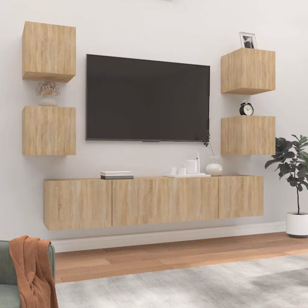 Set di mobili porta TV da 6 pezzi vidaXL in legno multistrato color rovere e beige per soggiorno