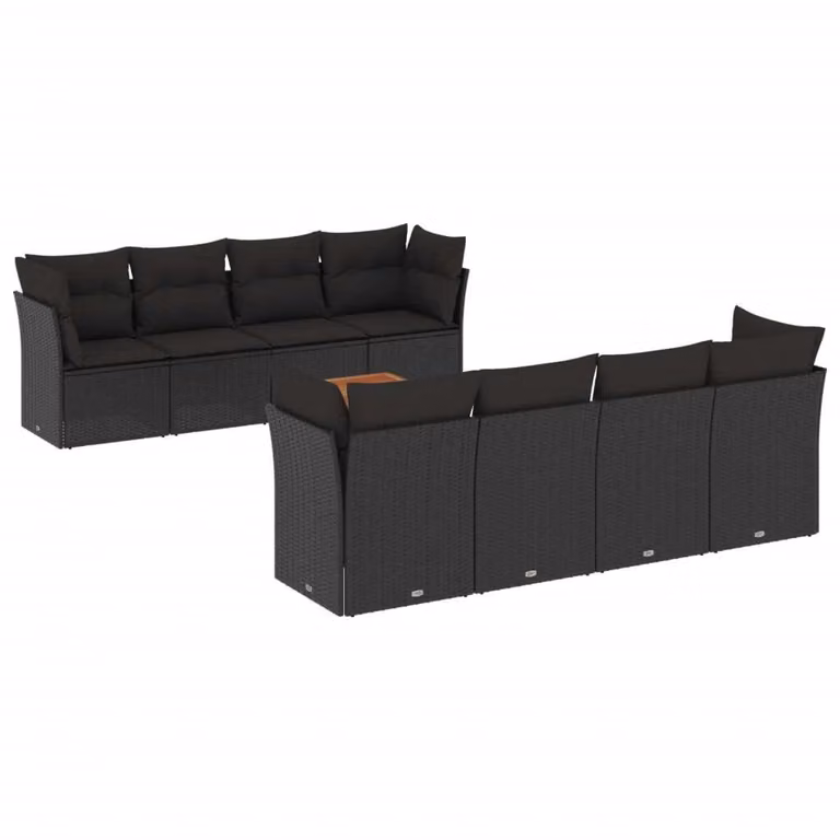 Set Divani da Giardino 9 pz con Cuscini Nero in Polyrattan