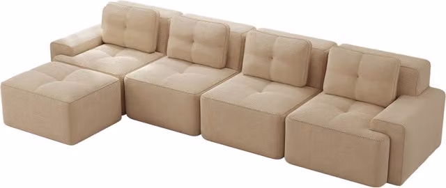 Divano modulare senza braccioli 4 posti con chaise longue a L in tessuto di velluto a coste beige