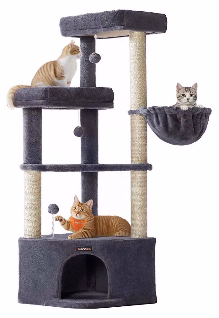 Albero per gatti con tiragraffi, casetta per gatti, sisal, grigio, 3 aree gioco, 48,5 x 48,5 x 140,7 cm