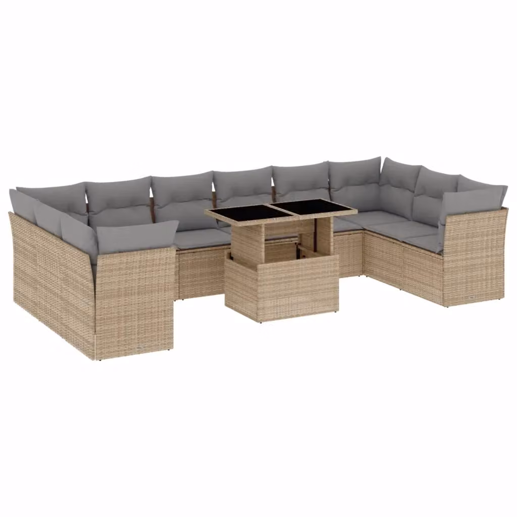 Set di Divani da Giardino a Forma di U vidaXL in Polyrattan con Cuscini Beige e Tavolino da Esterno, 11 Pezzi – 2