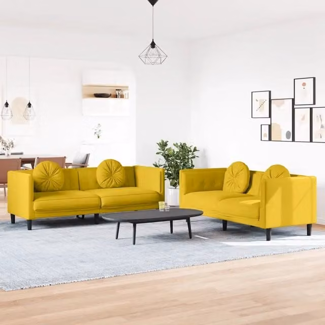 Set di divani 2 pezzi vidaXL in velluto giallo con cuscini, composto da un divano a 2 posti e un divano a 3 posti con struttura in legno massiccio per il tuo soggiorno