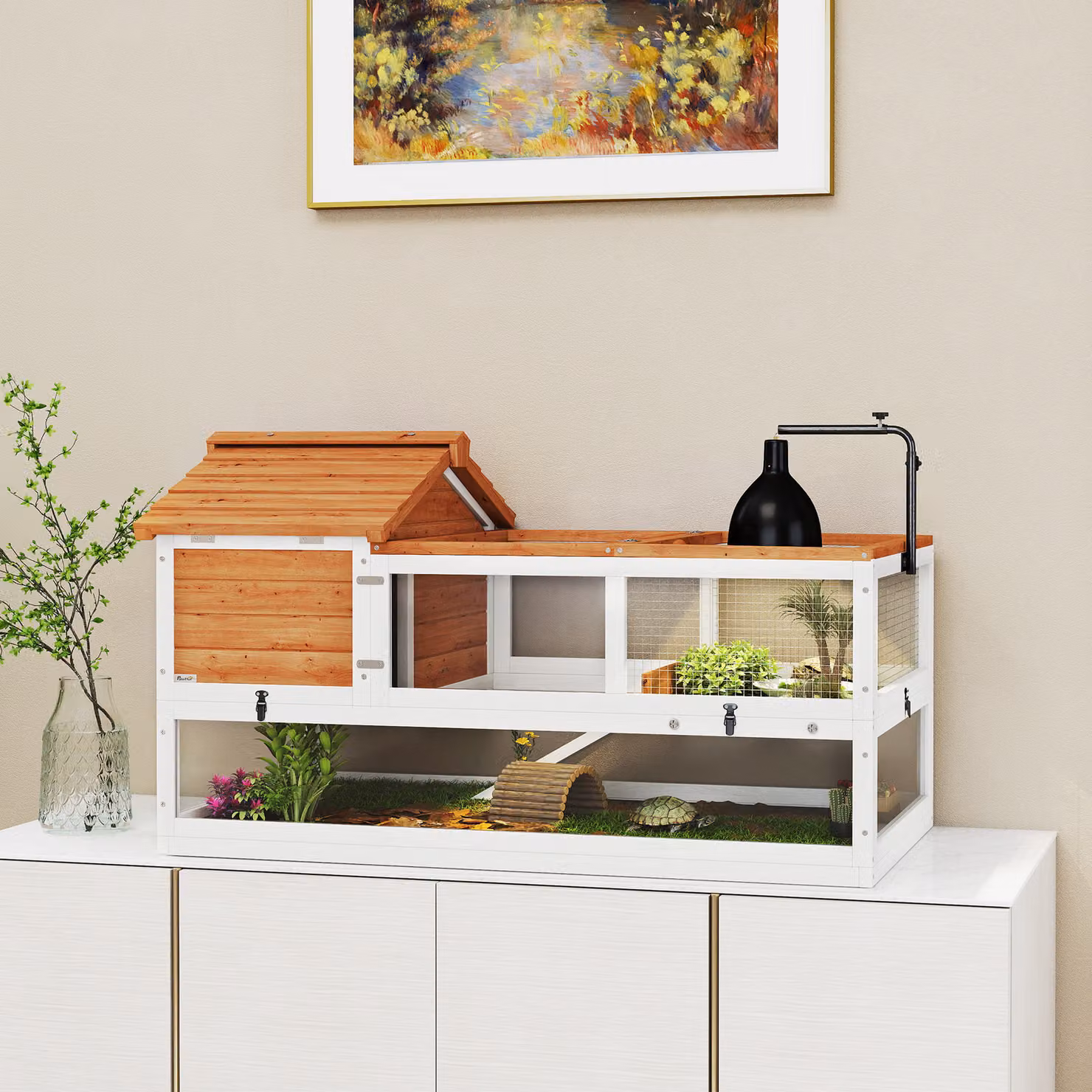 Recinto per tartarughe e rettili a 2 livelli PawHut di Aosom in legno arancione e bianco con porta lampada – 2