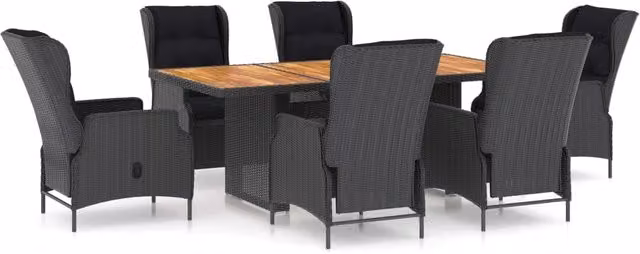 Set da pranzo da giardino Outsunny in polyrattan e legno di acacia con 7 pezzi, colore grigio scuro e nero