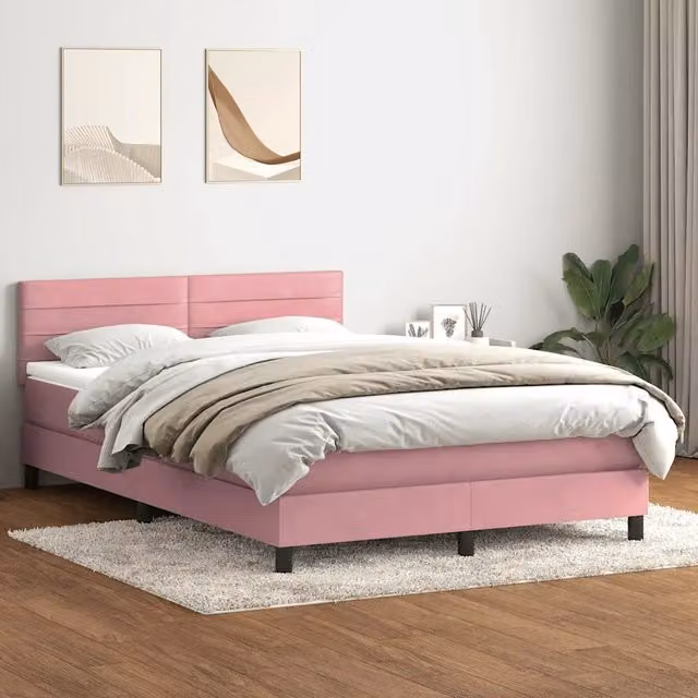 Letto con Giroletto a Molle e Materasso Ibrido vidaXL in Velluto Rosa e Bianco L/P/H: 144 x 223 x 88 cm