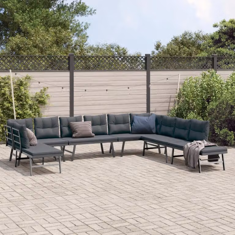 Set di Panche da Giardino con 7 Cuscini vidaXL in Acciaio Verniciato Nero e Antracite