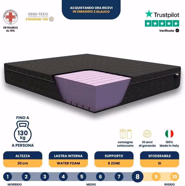 Materasso singolo Water Foam 85x190; Elevate il Vostro Riposo con Tecnologia Avanzata "Sceicco"