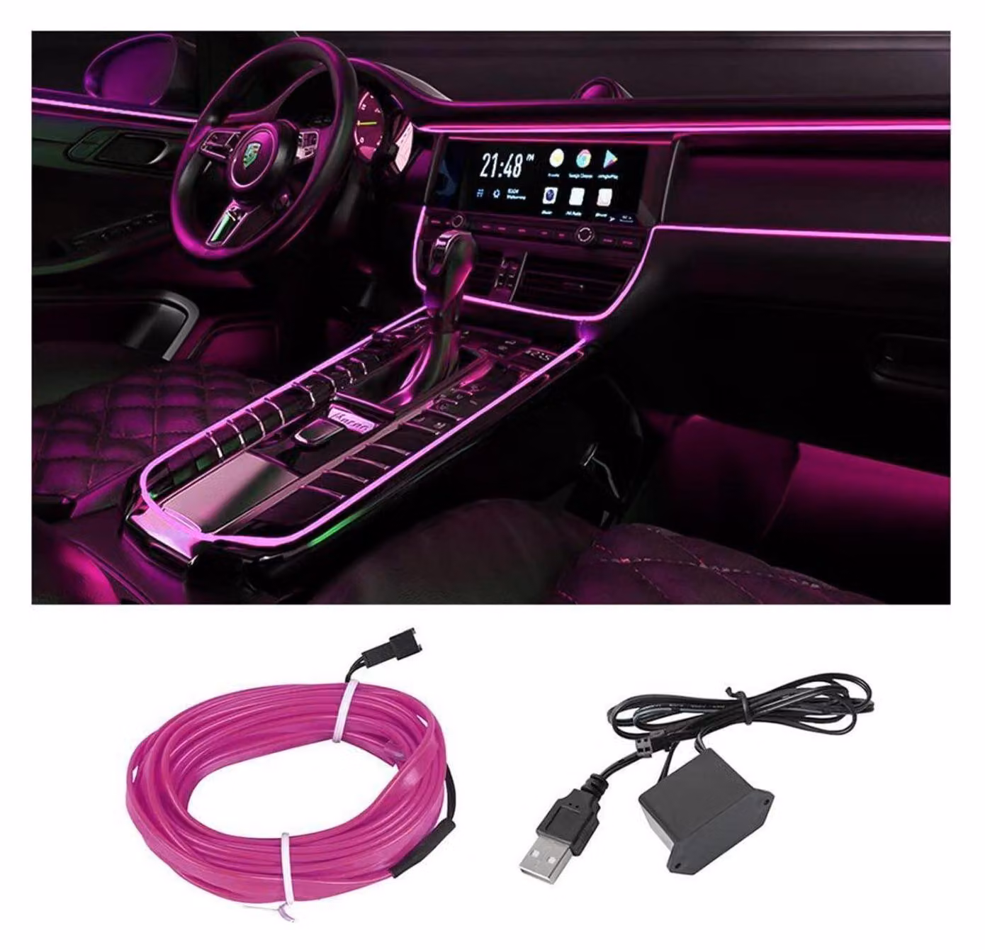 Illuminazione interna a LED per auto, 500 cm, color lilla, per creare un'atmosfera personalizzata, striscia luminosa al neon