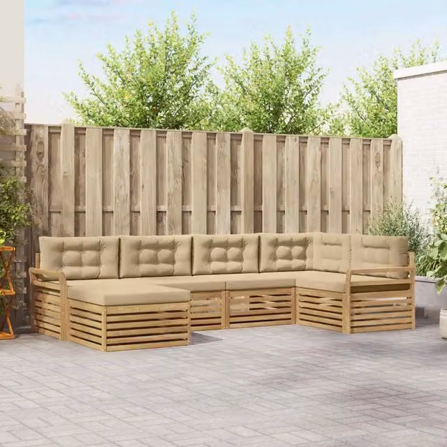 Set di divani da esterno a L con ottoman vidaXL, 6 pezzi, Bianco e Beige, in legno di acacia e tessuto – 1