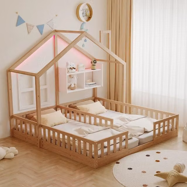 Letto per bambini a forma di casa con LED e doghe, 90x200 cm, legno