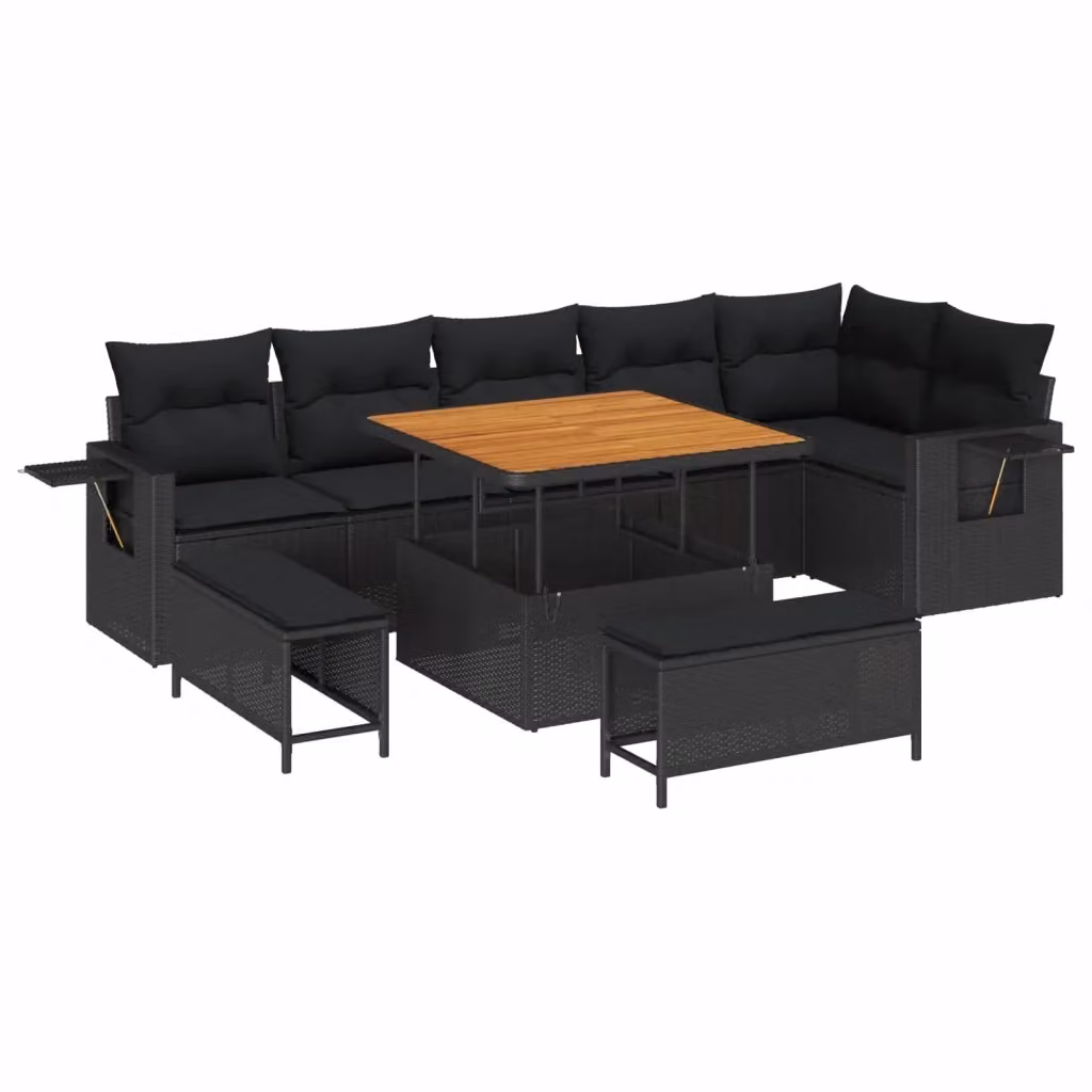 Set Divano da Giardino Moderno vidaXL in Polyrattan Nero con Cuscini e Tavolino da Esterno 9 Pezzi – 2