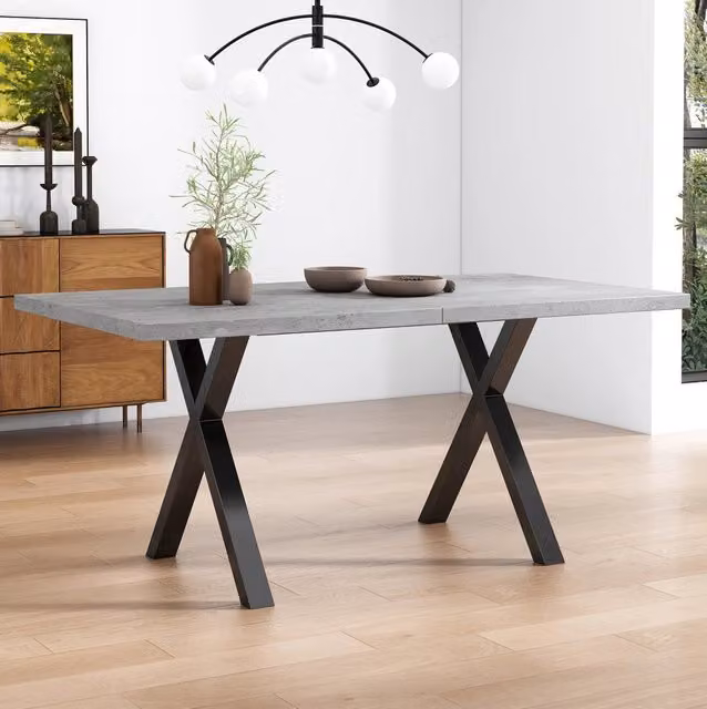 Tavolo da pranzo rettangolare in MDF e metallo grigio e nero con gambe incrociate