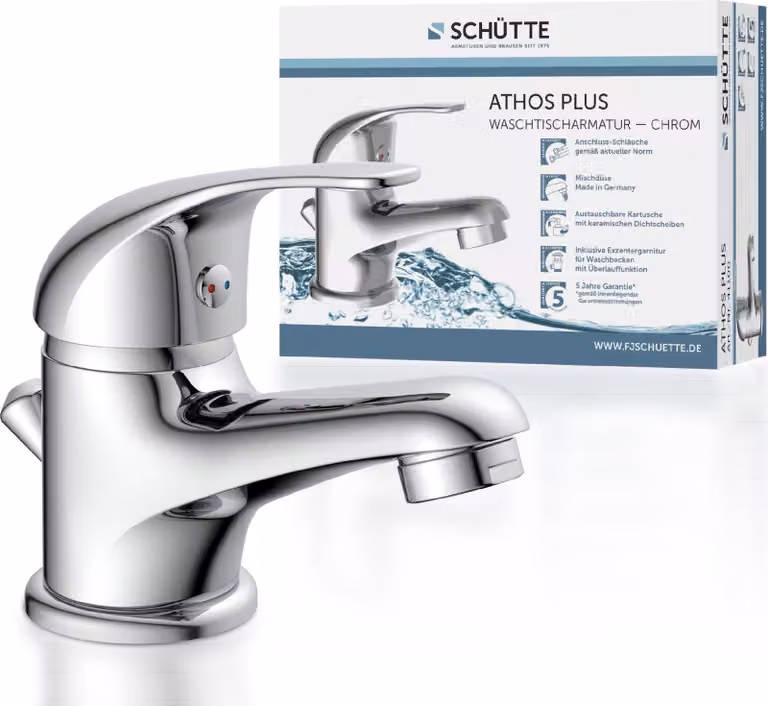 SCHÜTTE ATHOS PLUS, miscelatore per lavabo con asta di comando, rubinetto per bagno con scarico a scomparsa cromo