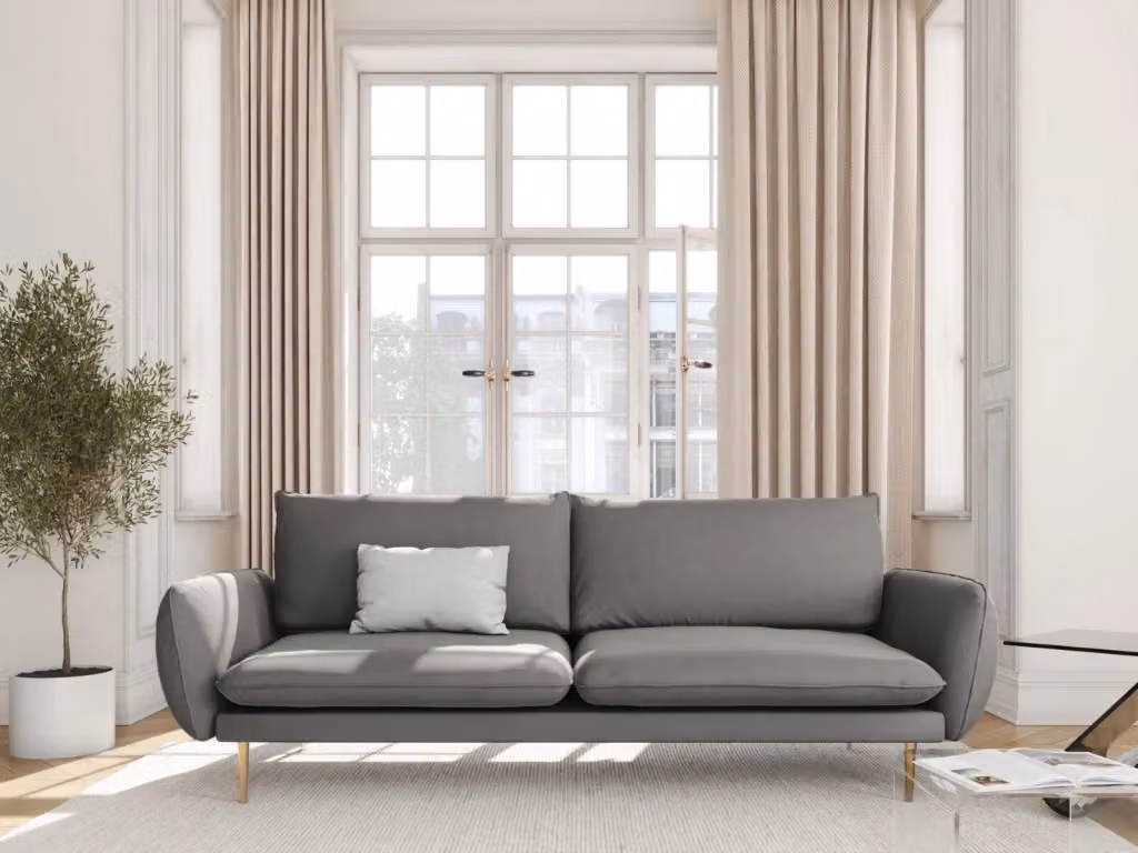 Divano 4 posti Vienna di Cosmopolitan Design in velluto grigio chiaro con struttura in metallo e cuscini inclusi L: 230 cm, H: 95 cm, P: 92 cm – 2