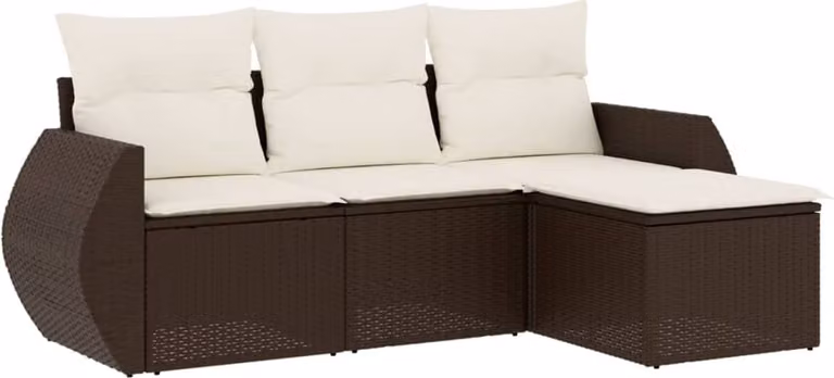 Set Divano da Giardino 4 pz con Cuscini Marrone in Polyrattan