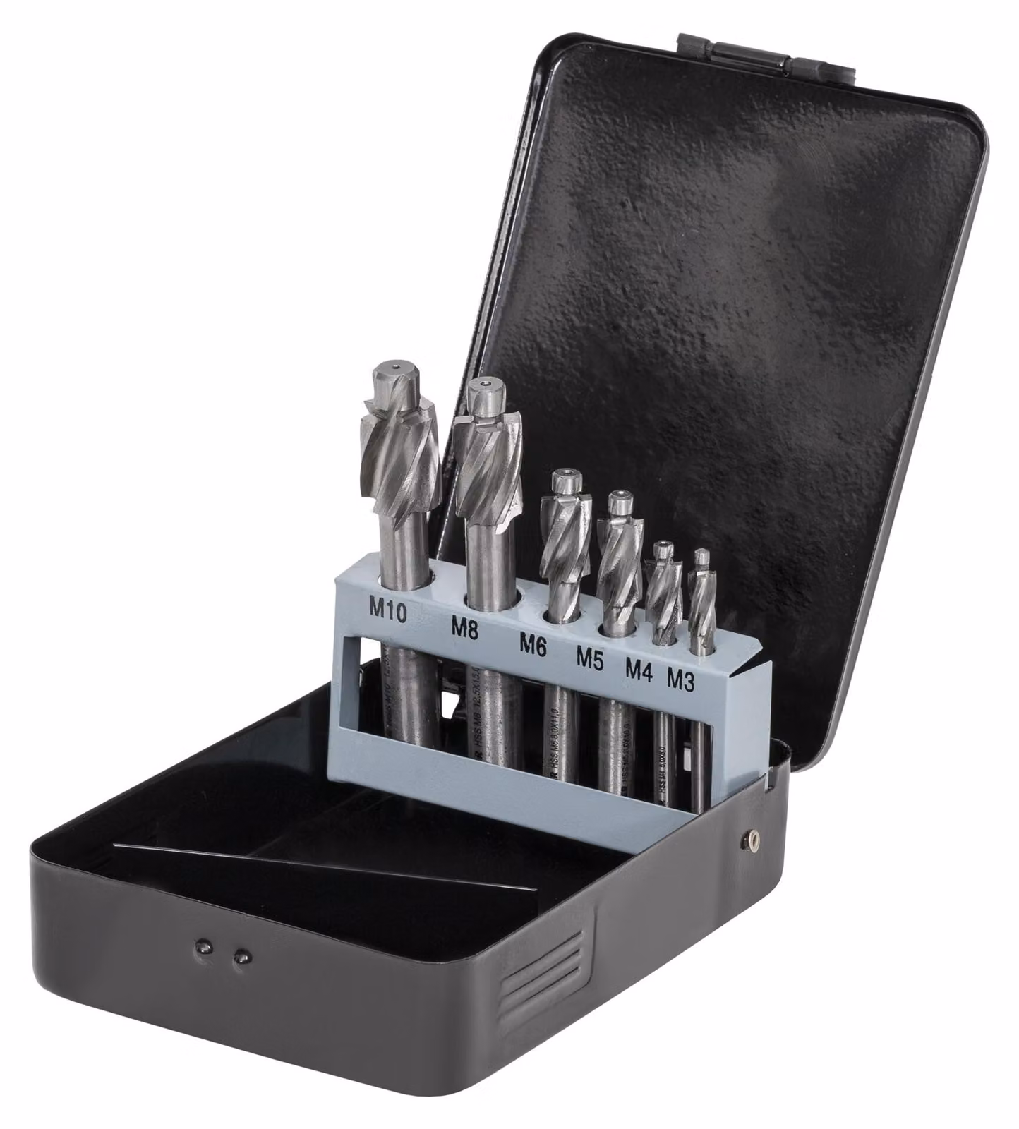 STIER Set di svasatori, M3-M10, HSS, DIN 373, con perno di guida, taglio destro, angolo di svasatura 180°, gambo cilindrico