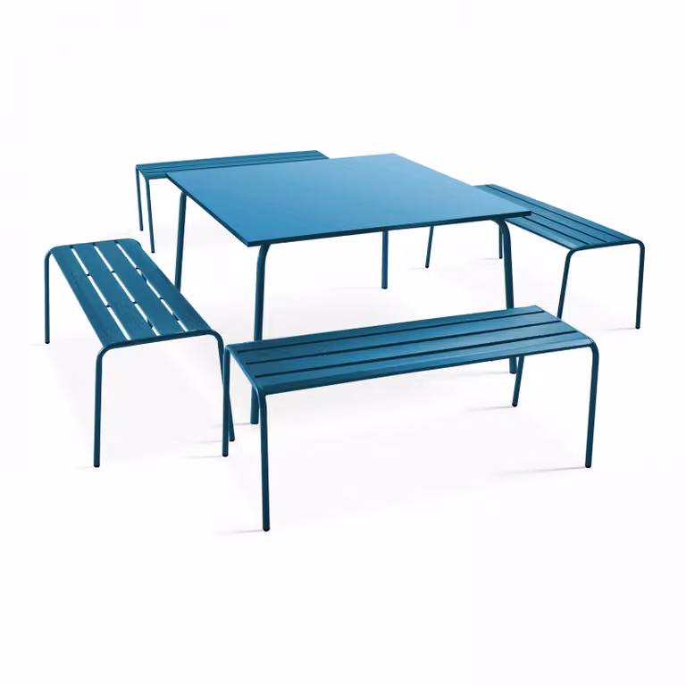 Tavolo da giardino quadrato e 4 panche in metallo blu pacifico - Oviala Palavas