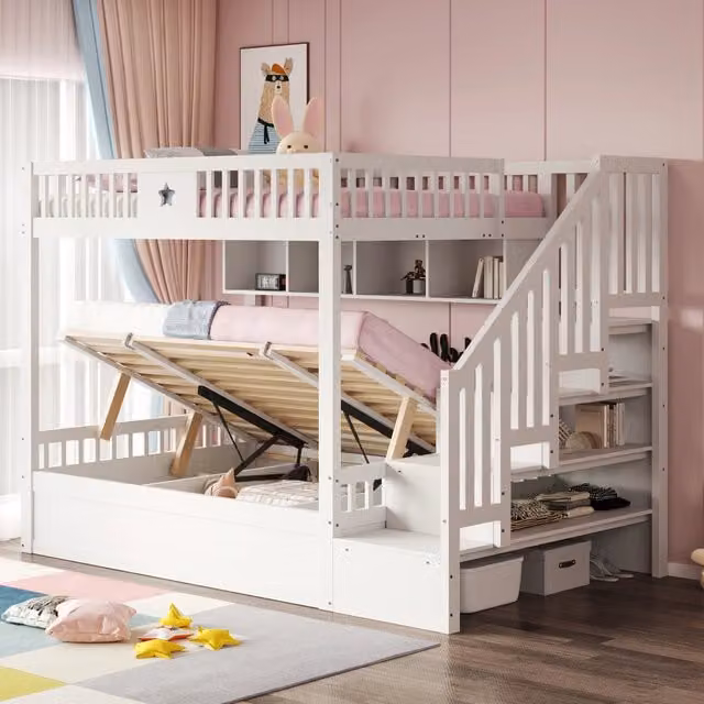 Letto a castello REDOM in legno massello bianco con contenitore idraulico e scala, L/P/H: 200 x 140 x 165 cm