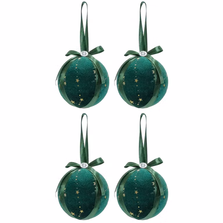 VESTIAMO CASA Set di 4 Palline di Natale in Tessuto Verde e Oro con Effetto Velluto, Diametro: 10 cm