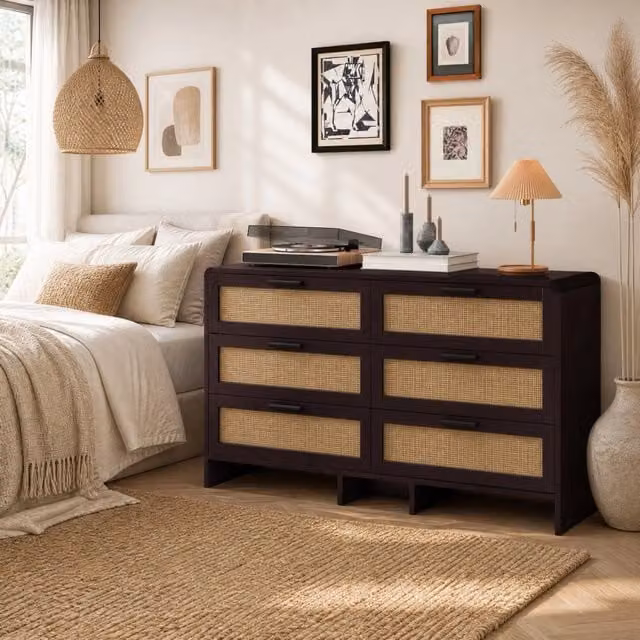 Cassettiera REDOM con 6 cassetti in rattan e pannello di particelle, colore marrone, Larghezza: 130 cm
