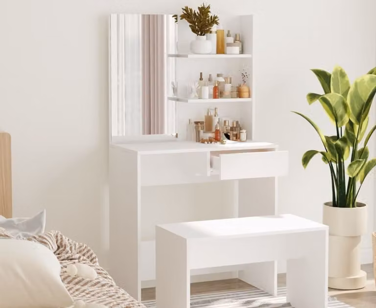 The Living Store Comodino con specchio bianco 74,5x40x141 cm