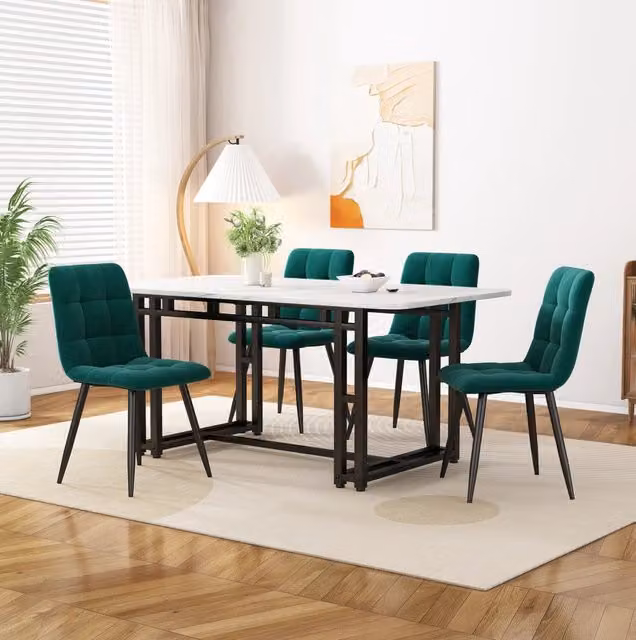 Set tavolo da pranzo con 4 sedie imbottite in velluto; 120 cm; MDF e metallo nero; verde scuro