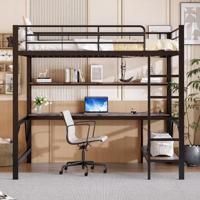 Letto a soppalco 140 x 200 cm con scrivania; scaffali; LED e USB; in metallo e MDF nero