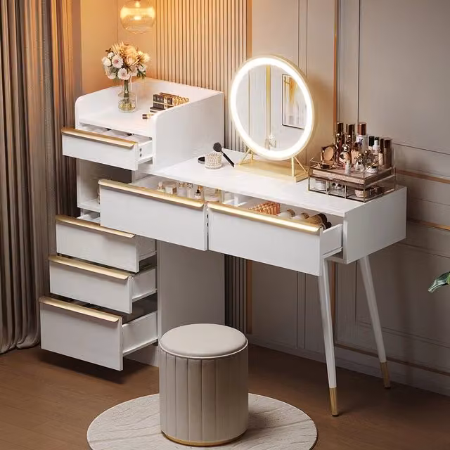 Tavolo da trucco con specchio LED - Xylo - 102x100x41,5 cm - Bianco - Cassetti, luce regolabile