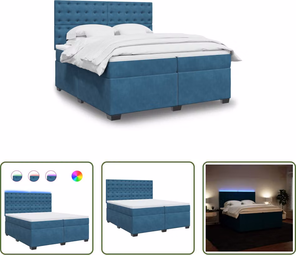 The Living Store Letto a molle con materasso blu 200x200 cm in velluto