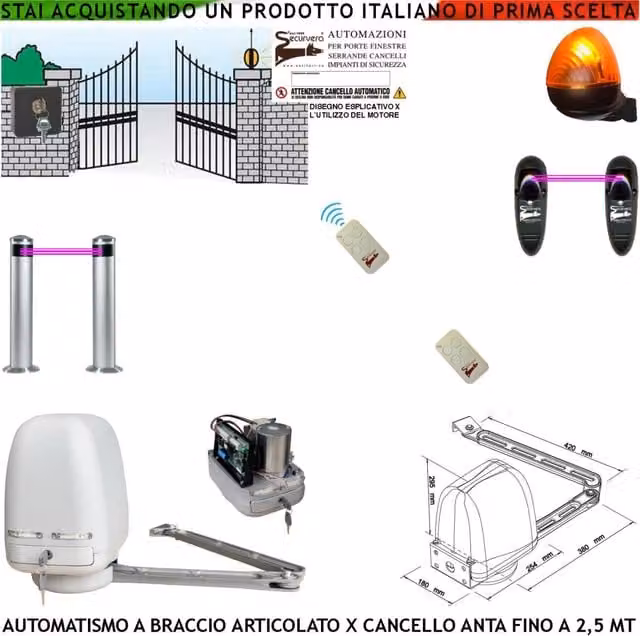 Cancello Elettrico Kit Motore a Braccio Articolato 220/24 V Anta da 0,5 a 2,5 MT Centrale 2 Radiocomandi Faro Selettore 2 Paline 2 Fotocellule