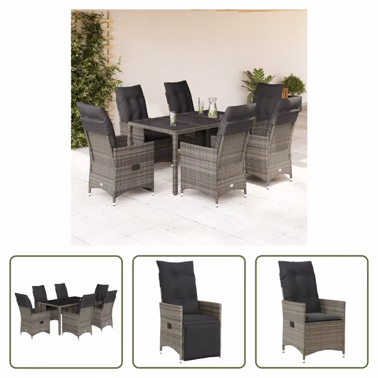 The Living Store Set da pranzo da giardino 7 pezzi con cuscini in poly rattan grigio