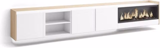 Mobile TV Soggiorno, 315x50x35 cm, Per TV fino a 80", Camino elettrico XXL, Sospeso, da appendere, LED, Bianco e Rovere soft