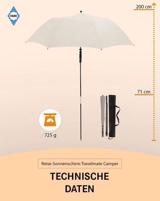 Ombrellone da viaggio con protezione UV 50+ e certificato TÜV - colore crema