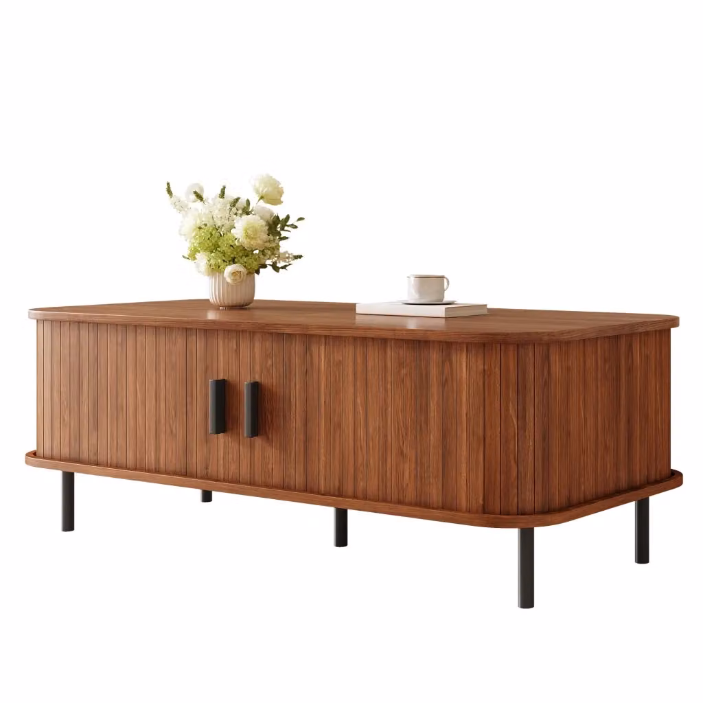 Tavolino da caffè Minimal MY rettangolare con ante scorrevoli effetto legno lamelle marrone L: 100 cm, P: 50 cm, H: 45 cm – 2