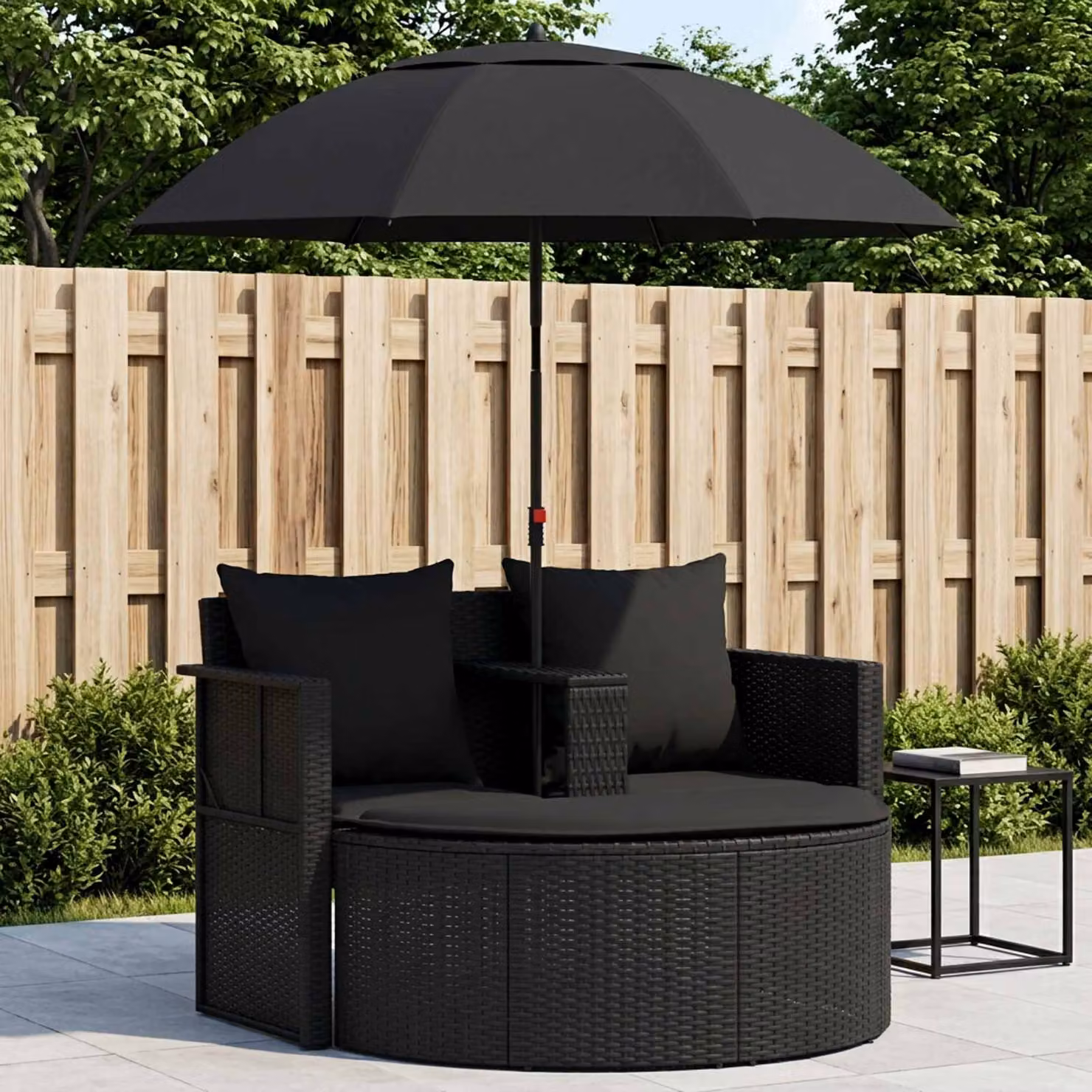 vidaXL Lettino da Giardino con Ombrellone in Polyrattan Nero