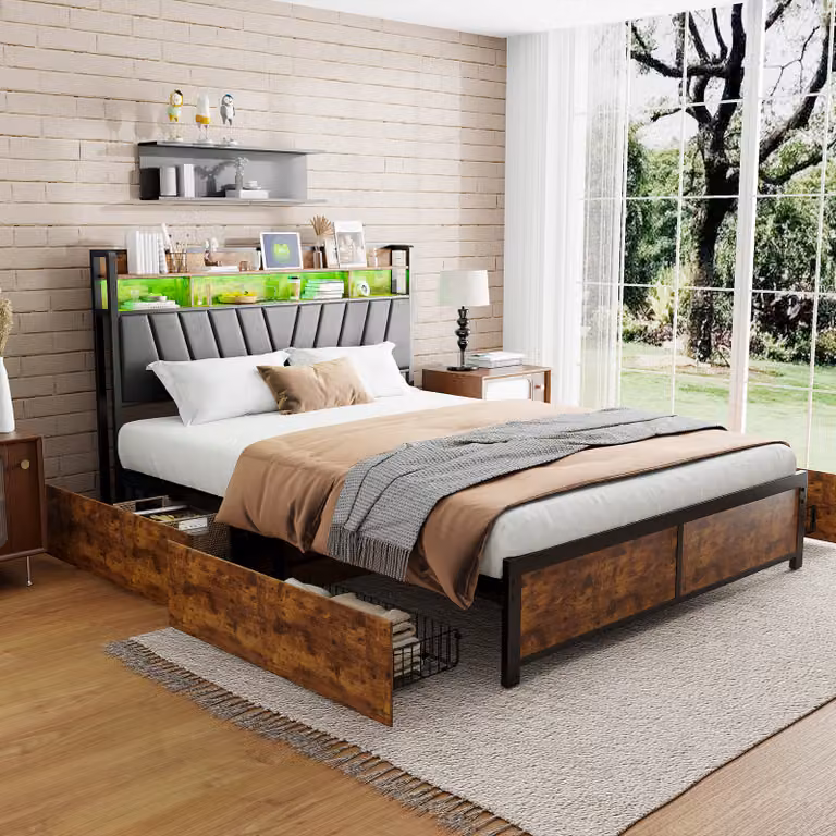 Letto imbottito Fortuna Lai 160*200cm con rete a doghe e testata, letto per ragazzi con led e mensola, letto matrimoniale in metallo, letto contenitore con 4 cassetti, PU, nero