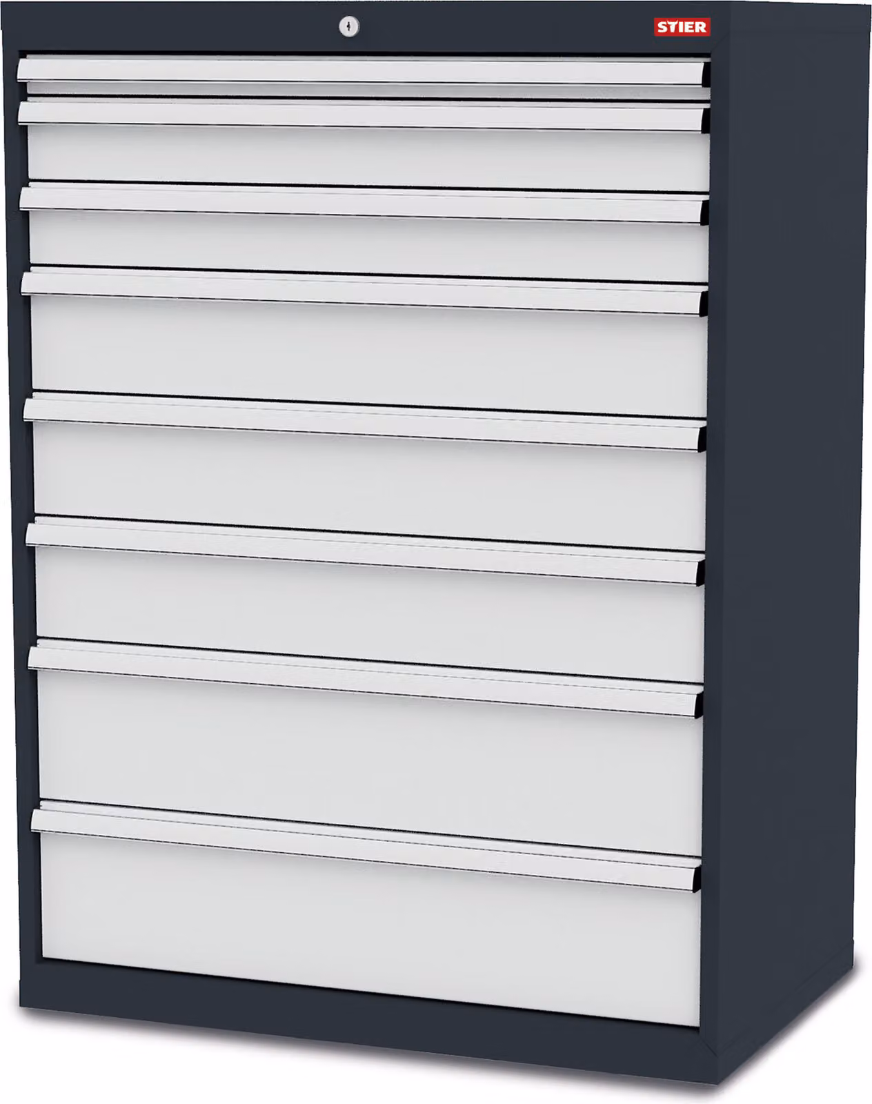 STIER Cassettiera con 8 cassetti, LxPxA 900x575x1220 mm, portata totale 1000 kg, altezza frontali da 50 a 200 mm