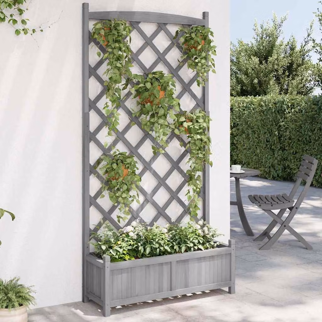 Fioriera con Traliccio vidaXL in Legno di Abete Massello, Grigia, L: 90 cm, P: 35 cm, H: 180 cm