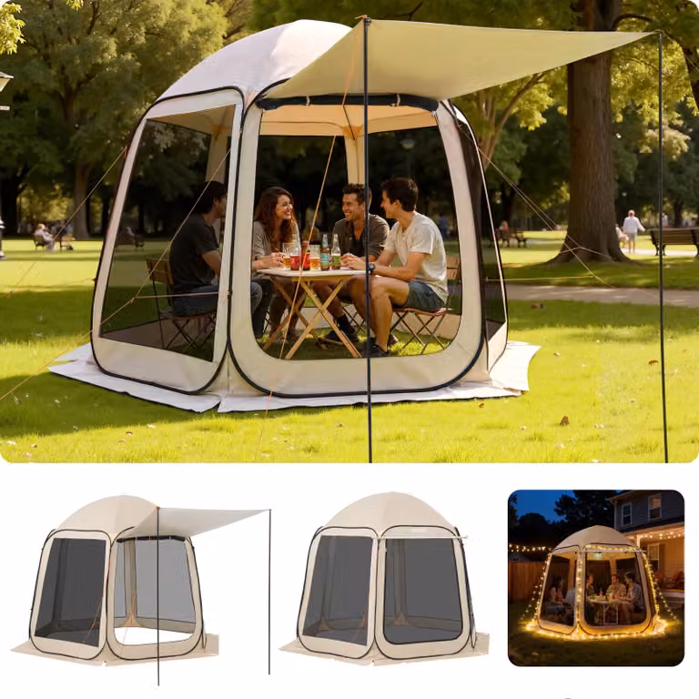 Tenda da campeggio VEVOR, 304,8 x 280,4 cm, tenda pop-up con tenda estensibile, tenda da festa portatile per 4-8 persone con borsa di trasporto e pareti laterali, per patio e attività all'aperto, Beige