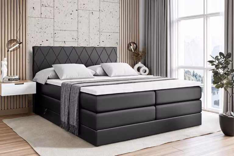 Letto boxspring ALTDECOR con 2 materassi e topper - 180x200 cm - LEPARO KING - Pelle finta nera - Letto imbottito con materassi H3 e H4, contenitore e rete a doghe, letto con spazio contenitivo