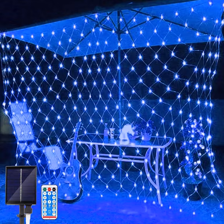 Lampada a LED solare, dimensioni 2 x 3 metri, impermeabile, 198 LED, con telecomando, 8 modalità