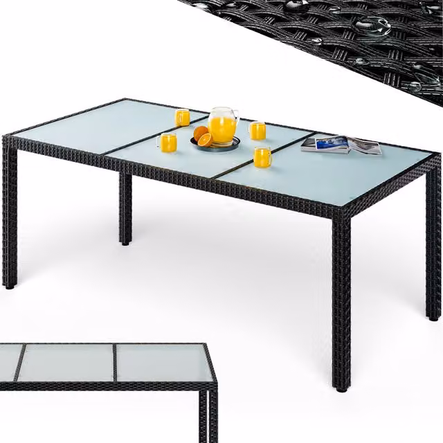 Tavolo da giardino rettangolare CASARIA in polyrattan nero con piano in vetro L: 190 cm, P: 90 cm, H: 75 cm – 1