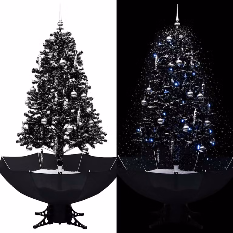 Albero di Natale vidaXL con Nevicata e Base ad Ombrello, Colore Nero, Argento e Bianco, Altezza: 170 cm