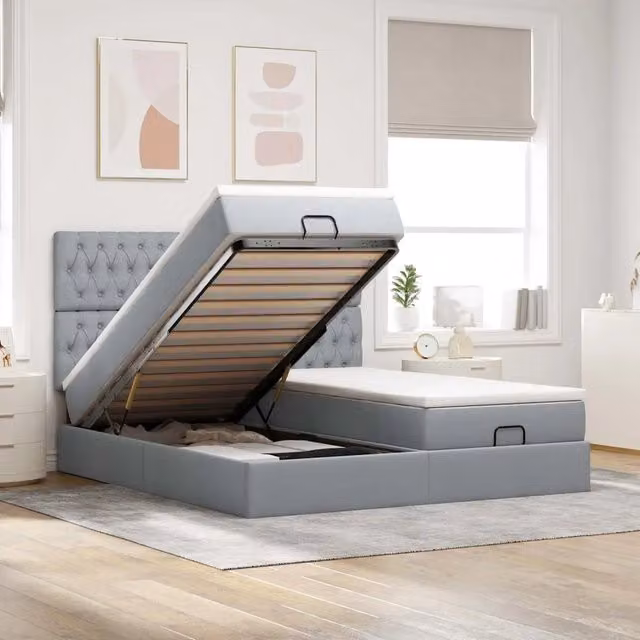 Letto con contenitore a sollevamento vidaXL in tessuto grigio e bianco L: 180 cm, P: 200 cm, H: 128 cm