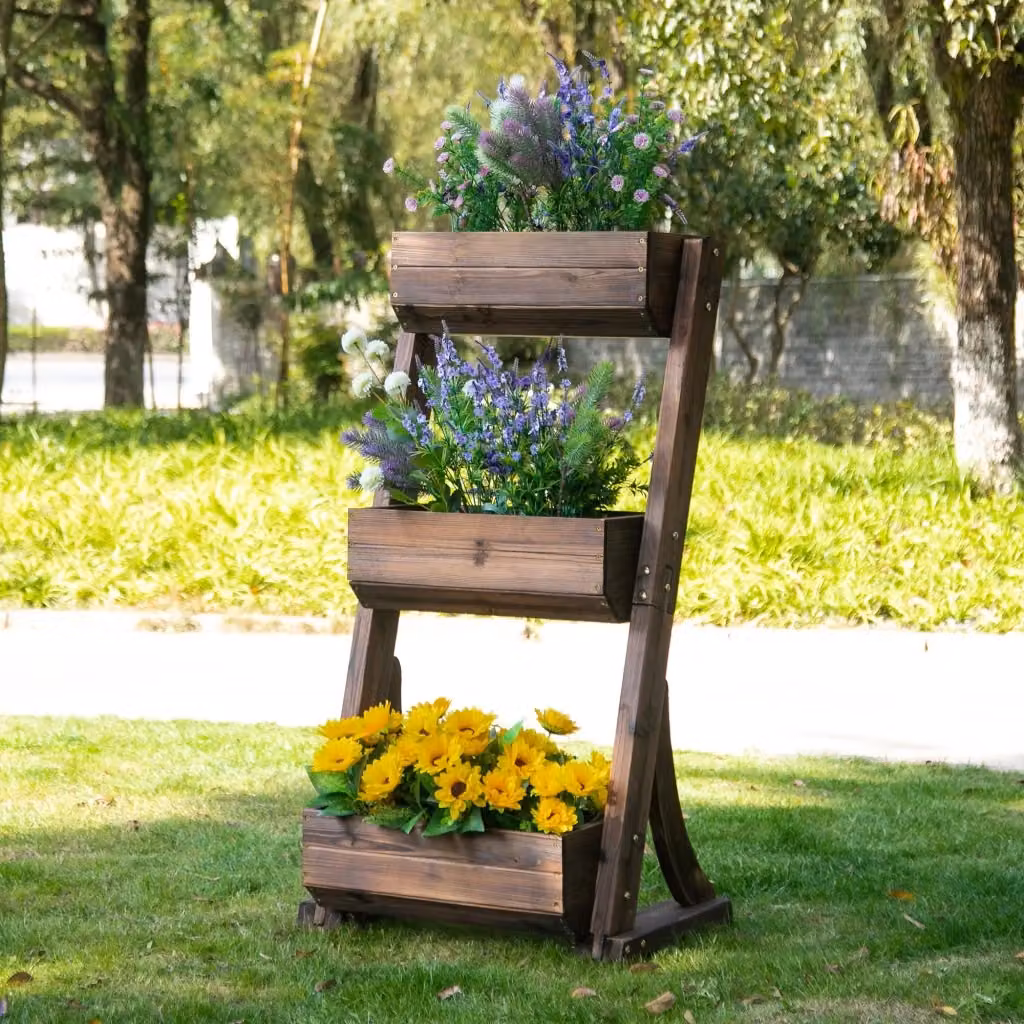 Portapiante Fioriera da Giardino a 3 Ripiani GIORDANOSHOP in Legno Marrone L: 61 cm, P: 48 cm, H: 118 cm – 2