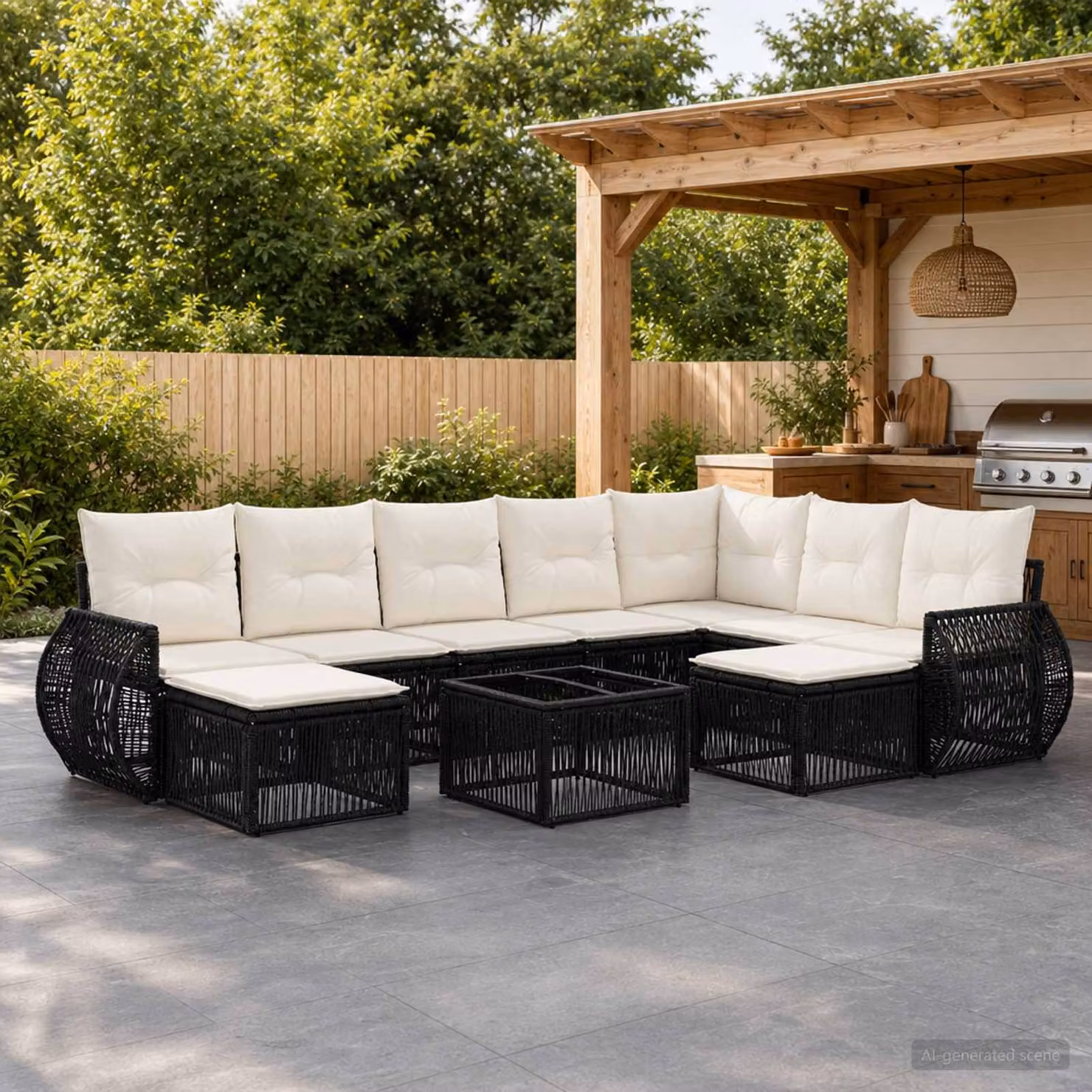 Set Divano da Giardino vidaXL a forma a U in Polyrattan Nero con Cuscini e Tavolino