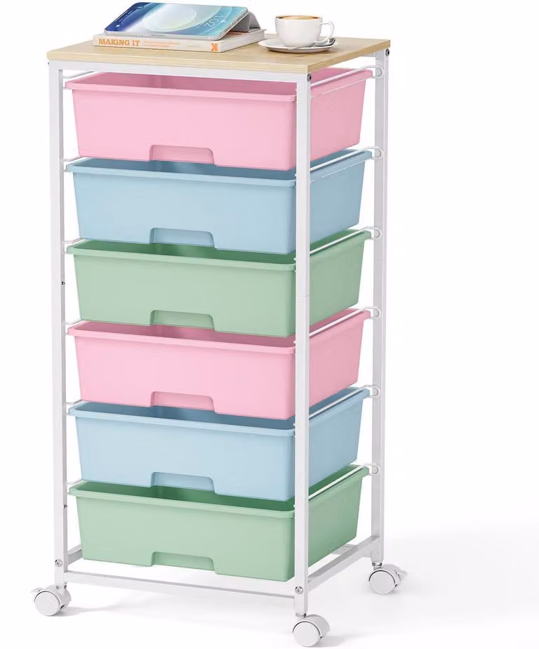 Carrello su ruote con 6 cassetti e piano in legno, multicolore, dimensioni 32x40x90 cm