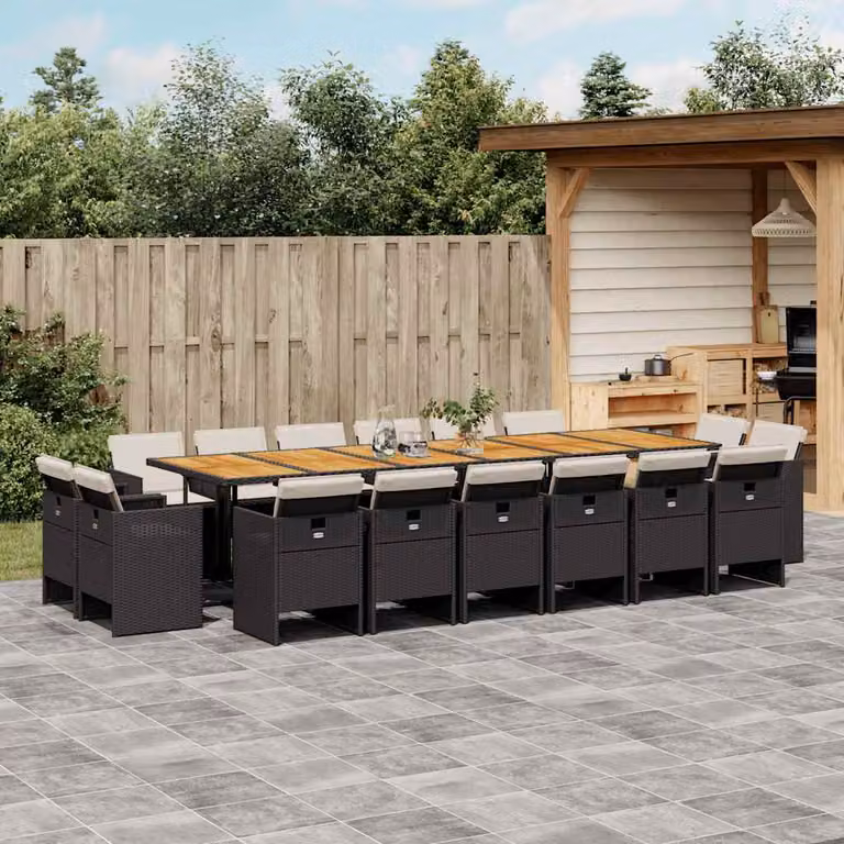 vidaXL Set da Pranzo da Giardino 17 pz in Polyrattan e Legno di Acacia con Cuscini Nero e Marrone